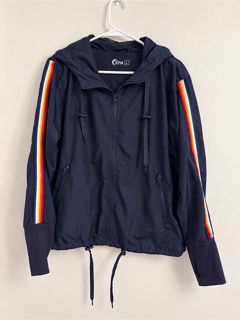 ZYIA Active Navy Blue Hooded Anorak Windbreaker Jacket Multicolor Stripe Large